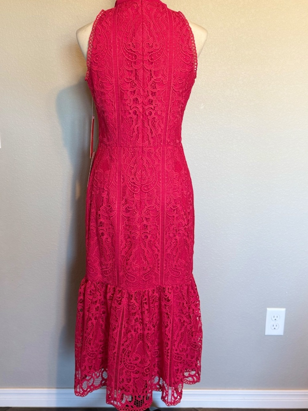 Monique Lhuillier Lace Halter Dress 8 Fuchsia Hot Pink Bow Midi - Picture 3 of 10